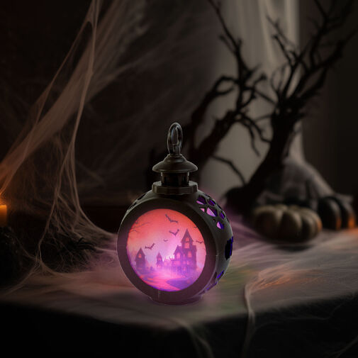 56602B • Halloween-i világító dekoráció - kastély - felakasztható - LED - 8,5 x 13,5 cm
