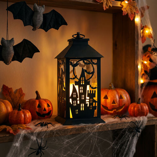 56621A • Halloween-i pislákoló lámpás - kastély - elemes - fekete - 30 x 14 cm