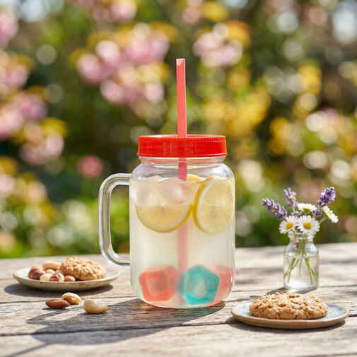 57160P • Szívószálas pohár - piros - 4 db hűthető jégkockával, 550ml,  17 x 7.5 x 13.5 cm