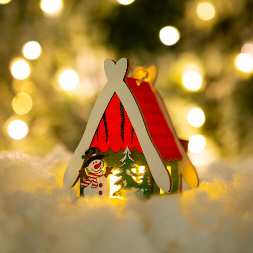 58940B • Karácsonyi LED dekor házikó - melegfehér - fa - 2 féle - 6,9 x 8,9 x 6 cm - 12 db / display